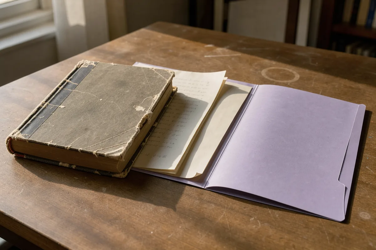A worn book binding and loose pages resting alongside a simple open folder.