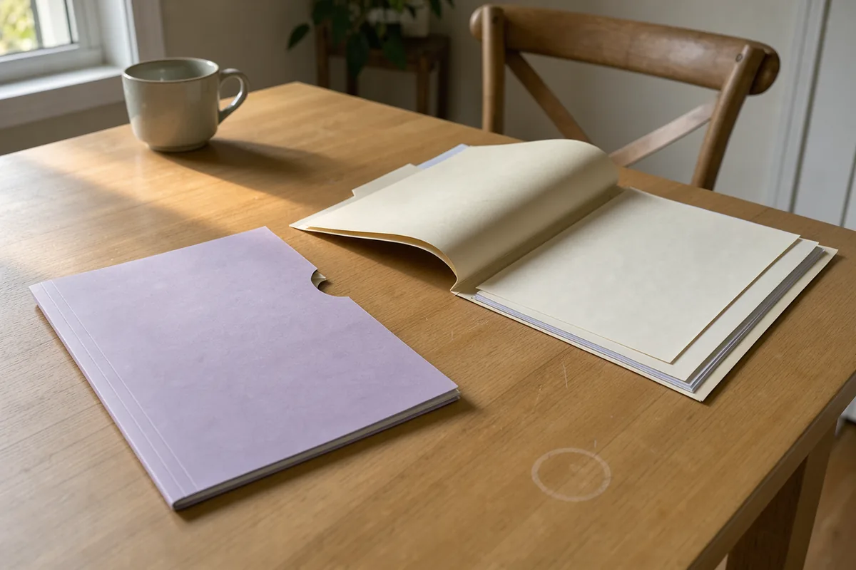 A closed plain folder separated from an open folder on an ordinary wooden table.