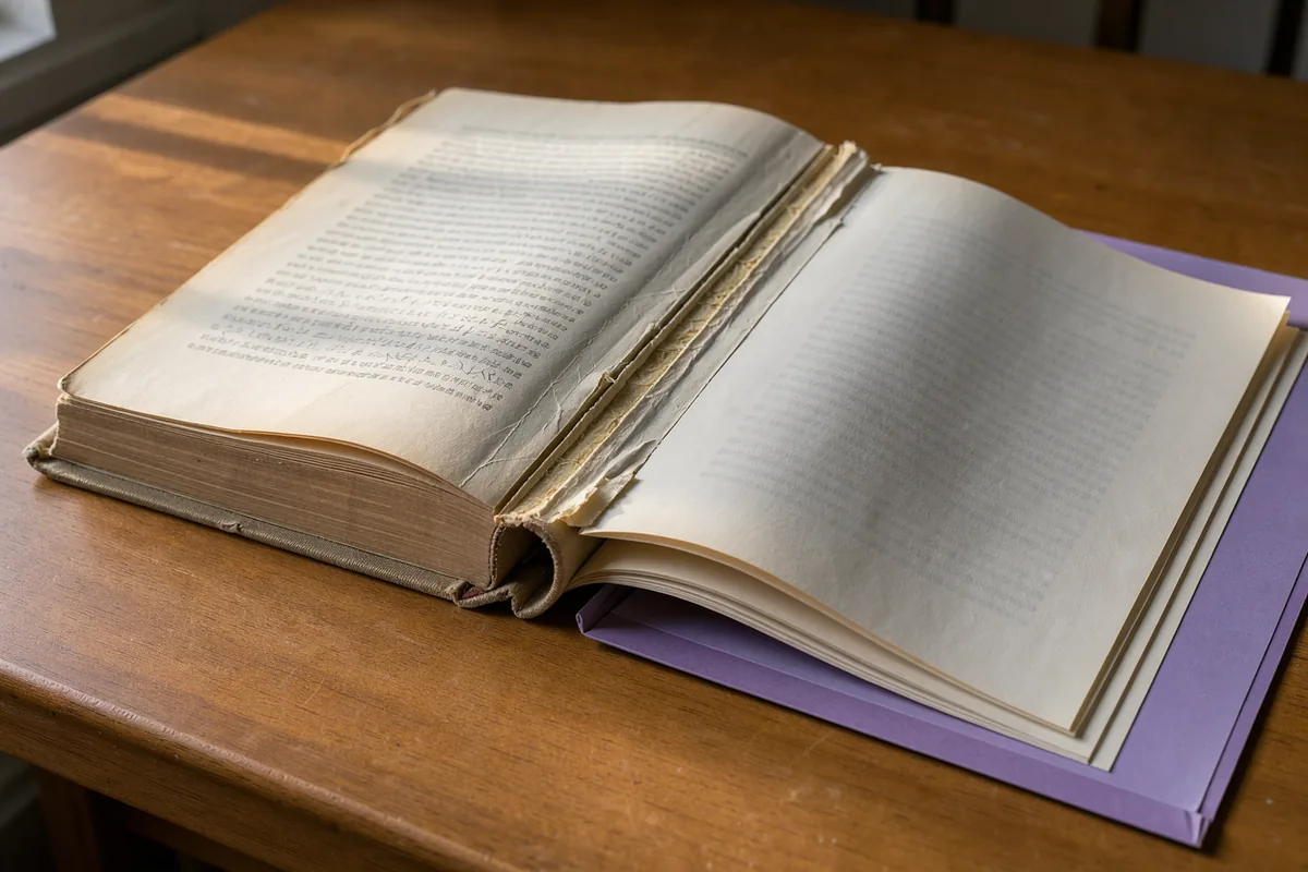 An open bound volume beside a plain folder, its small print softly out of focus.