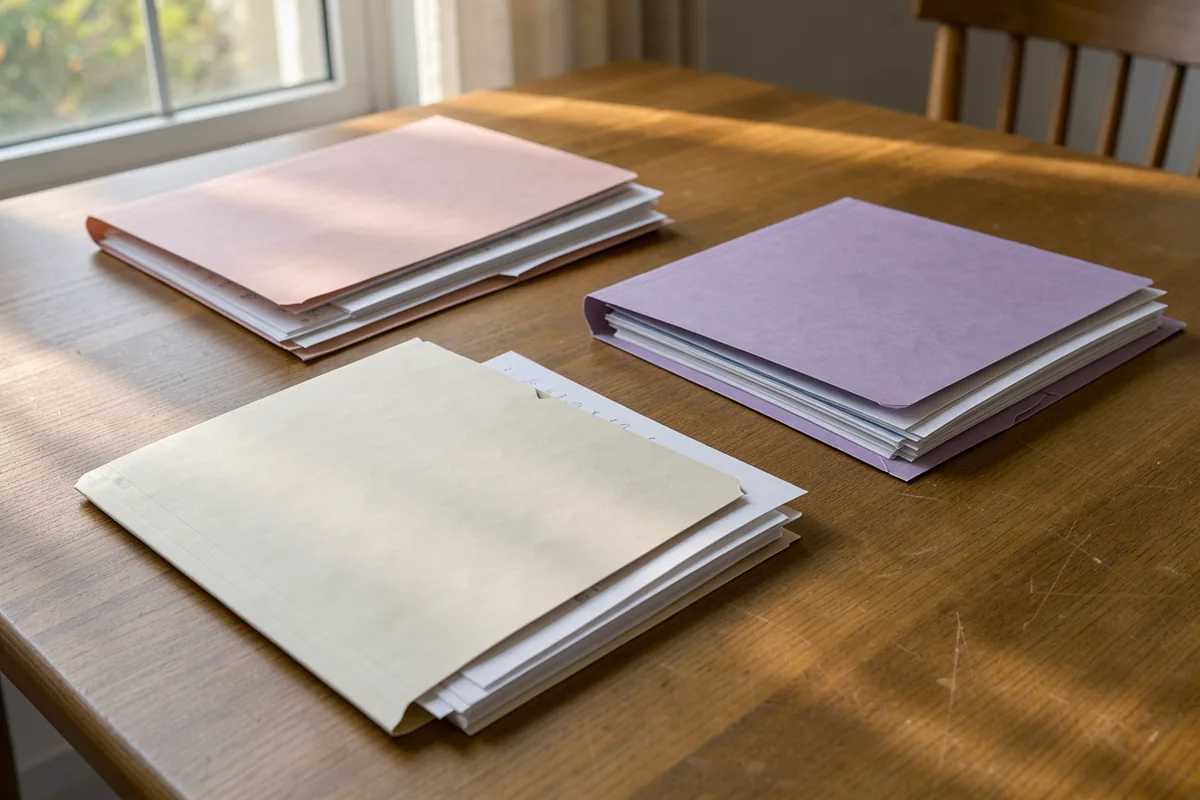Three separate plain folders holding loose sheets, spaced apart across a home table.