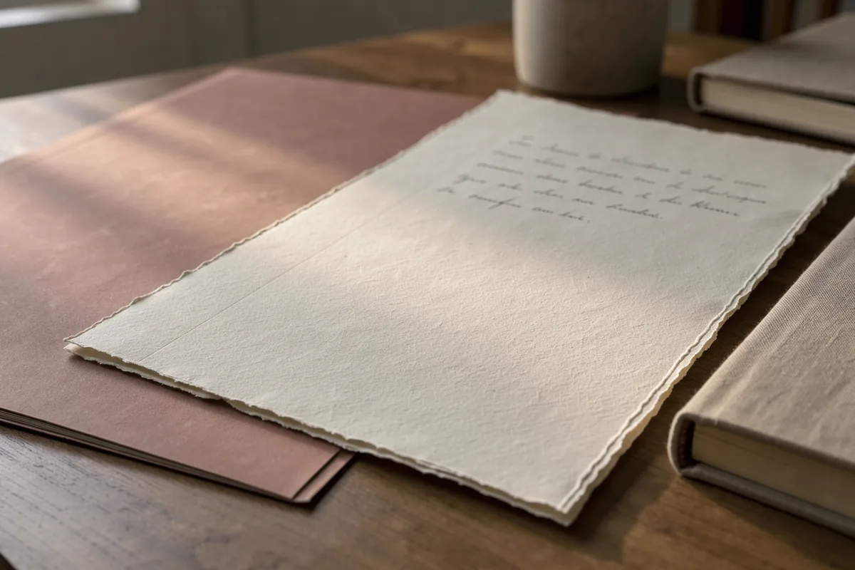 A loose page with a broad blank margin beside a muted rose folder in afternoon light.