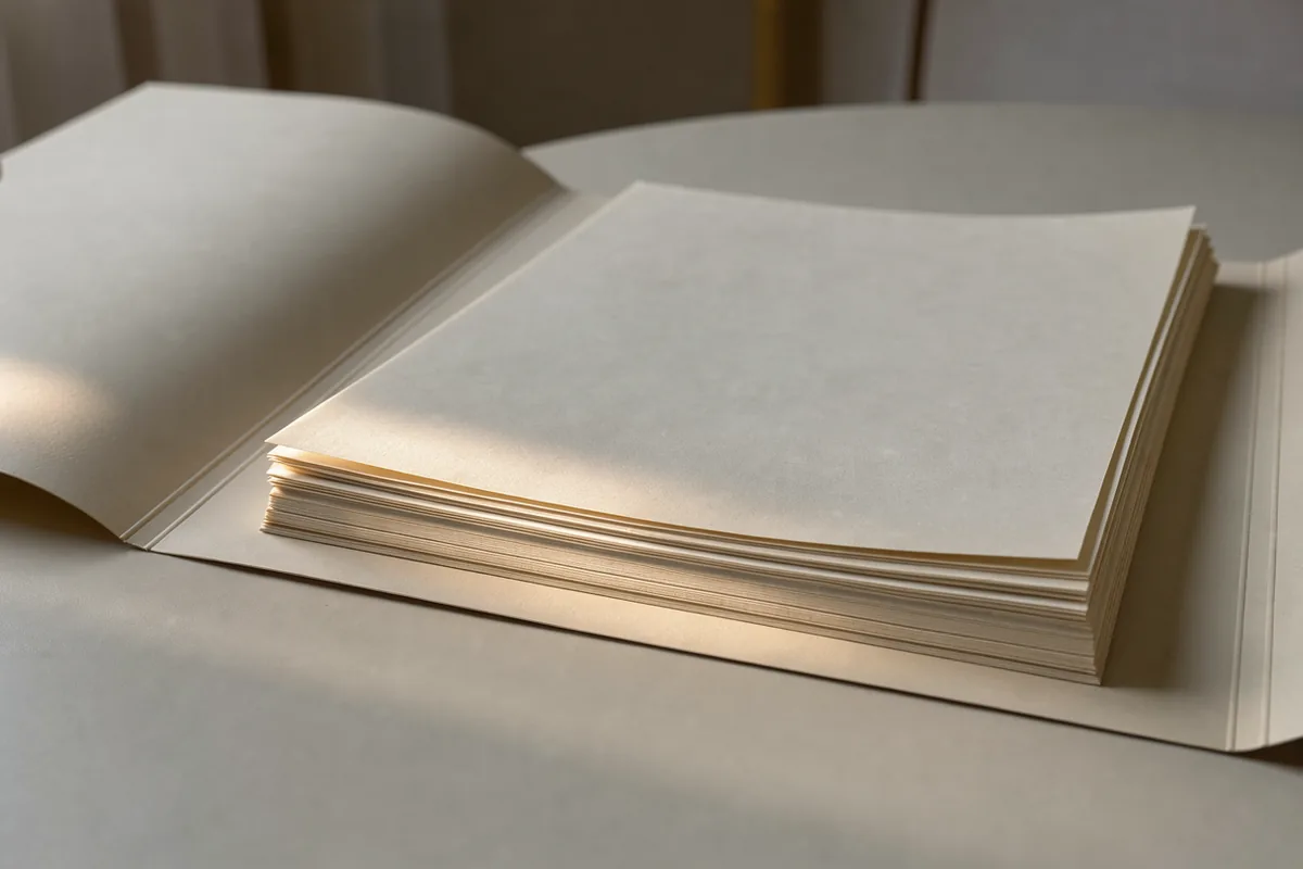 A thin stack of paper with sunlit edges inside an otherwise shaded folder.